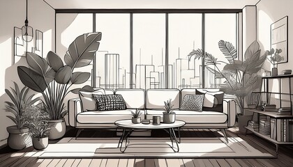 minimalist line art of a bohemian urban loft emphasizing clean and elegant simplicity