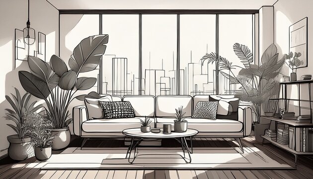 minimalist line art of a bohemian urban loft emphasizing clean and elegant simplicity