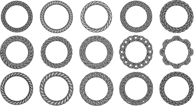 Set of decorative vector circular frames with braided and woven design elements for borders, monograms or graphic design projects