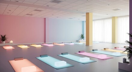 Modern and aesthetically pleasing yoga studio interior with colorful mats, blocks, and plants offering a space for wellness and relaxation.
