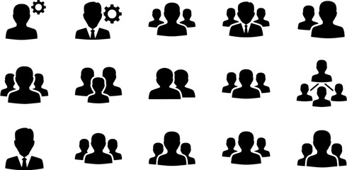 Black glyph icons representing people, team, management, settings, and business hierarchy