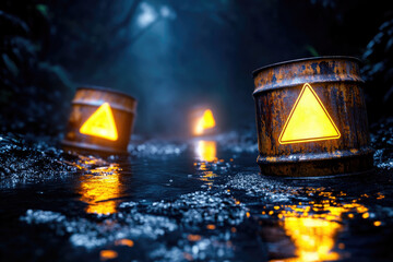 Glowing hazard signs on rusty barrels in rainy industrial setting