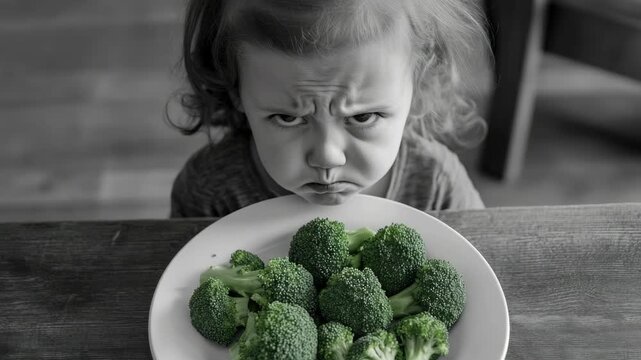 A child's face reflecting disdain for vegetables, specifically broccoli.
