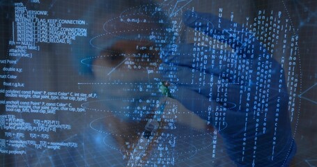 Examining scientist wearing lab coat holding test tube in lab, with holographic code streams