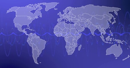 Displaying white-outline world map on blue gradient digital display, with horizontal waveform lines