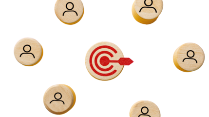 A central target icon, highlighted in red, is surrounded by numerous light-brown circular icons representing people. A red arrow points towards the target