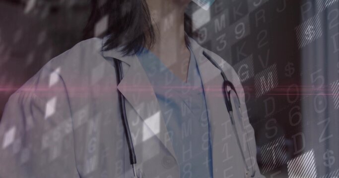 Standing Korean doctor wearing lab coat against code backdrop with stethoscope and floating code
