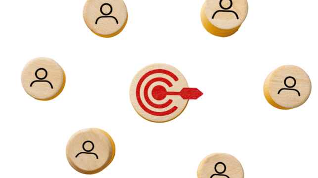 A central target icon, highlighted in red, is surrounded by numerous light-brown circular icons representing people. A red arrow points towards the target