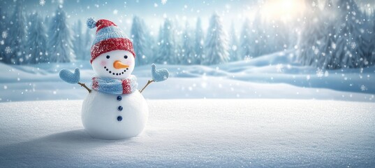 Fototapeta premium Cheerful winter scene with a bright snowman in gentle snowfall, perfect for holiday cards.