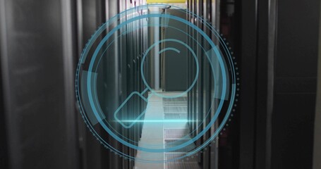 Projecting HUD graphic with magnifying glass icon along server aisle, featuring racks, floor panels