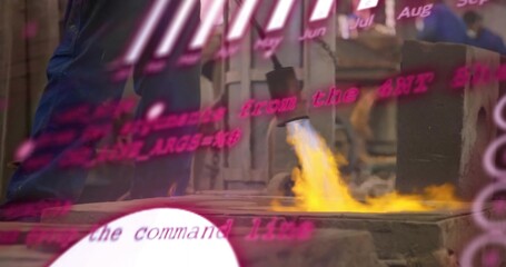 Heating metal plate, metalworker in coveralls aiming blowtorch flame in shop, with digital overlay