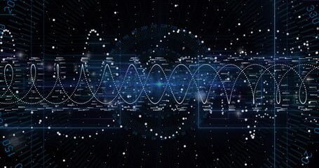 Displaying dotted waveform intersecting circular HUD on grid lines, with axis labels, data points