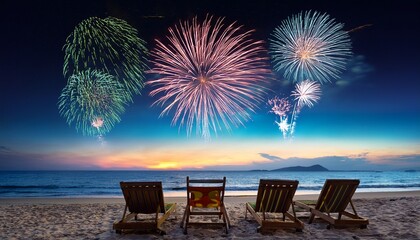 fireworks over chairs on beach