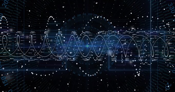 Displaying dotted waveform intersecting circular HUD on grid lines, with axis labels, data points