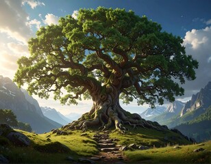 Obraz premium A majestic ancient tree, its roots sprawling across a grassy hilltop, stands proudly amidst a mountainous landscape bathed in the golden light of dawn or dusk.