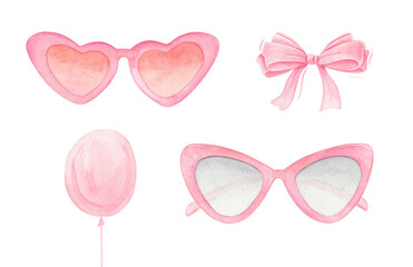 Hand-painted Watercolor Glam Set in glamorous pink style. Includes heart sunglasses, cat eye glasses, bow and balloon.