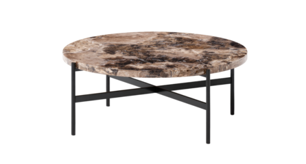 Round coffee table with petrified wood top and black metal base
