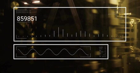 Displaying data overlay in plant with pipes and gears, bar and waveform graphs and text annotations