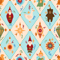 Christmas balls holiday ornaments decorations rhombus seamless pattern packaging, clothes, textiles