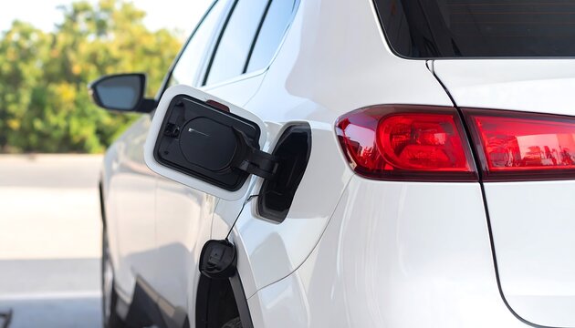 A white vehicle's open fuel filler cap, showcasing a modern automobile design element.