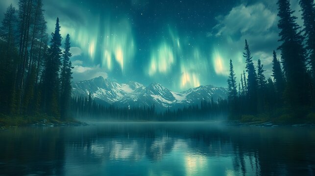 Snow capped mountains at night with aurora borealis and reflective lake amidst pine forest - Powered by Adobe