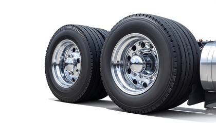 Two chrome truck tires with polished rims are prominently displayed against a plain white background.