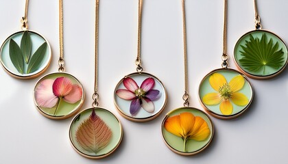 charming botanical necklaces featuring pressed flowers and leaves encased in resin pendants