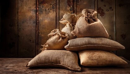 a stack of rustic burlap sacks rests on a weathered surface against a textured backdrop