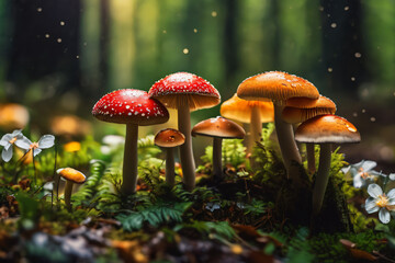 Mushrooms in the forest. Beautiful nature scene with mushrooms. Enchanted Autumn Forest Mushrooms and Flowers.