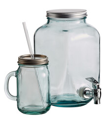 The glass has a handle and the water container has a silver faucet and a lid placed together cut out isolated transparent background