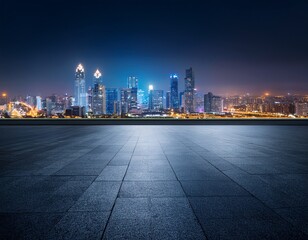 dark concrete floor with night city skyline in background illuminated by city lights