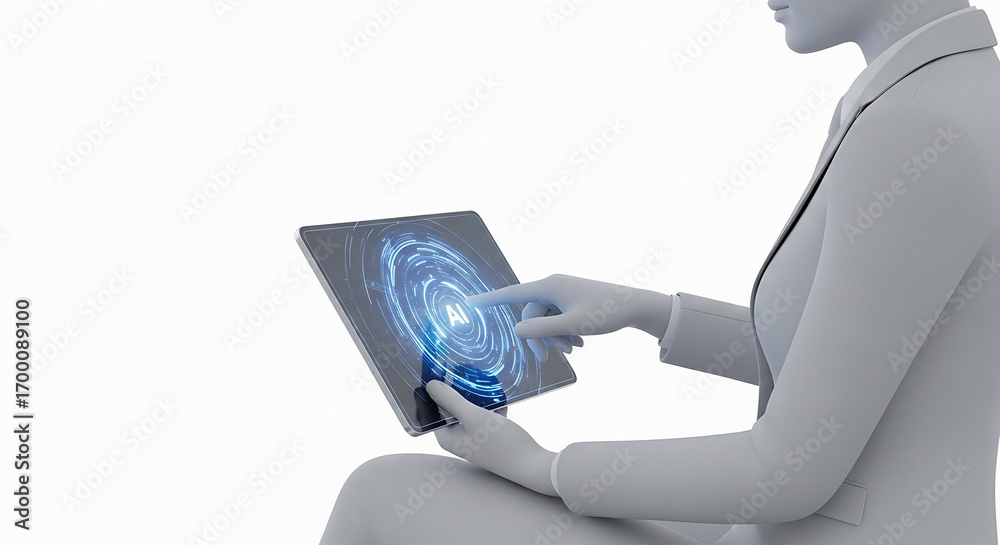 Wall mural futuristic digital interface interaction person using tablet with glowing blue technology graphics d