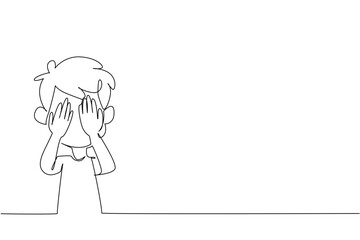 One line draw of a young boy covering his face, representing the pain and trauma of children affected by violence, as a health and psychology concept for International Day of Innocent Children Victim