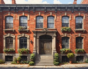 Elegant red brick building facade with architectural details and street view