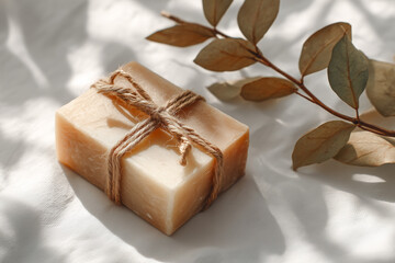 Organic bar of homemade soap tied with twine. Natural environmentally friendly hygiene.
