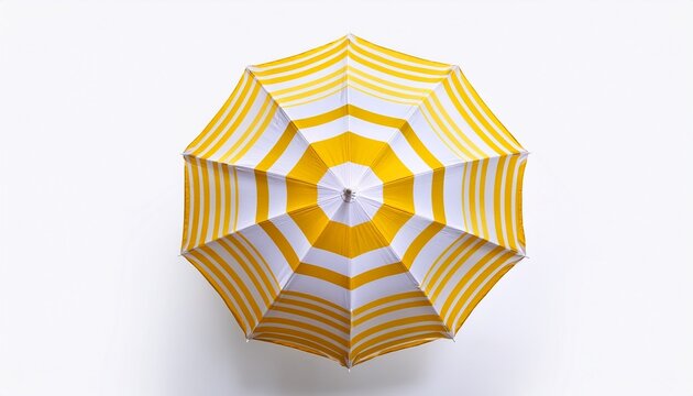 top view of a striped white yellow beach umbrella isolated on white background