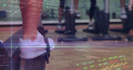 Pumping exerciser's legs in leggings on treadmill at gym, with stock data overlay, copy space