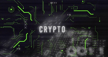 Displaying central CRYPTO text glowing in virtual interface with green circuits, code overlays