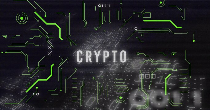 Displaying central CRYPTO text glowing in virtual interface with green circuits, code overlays