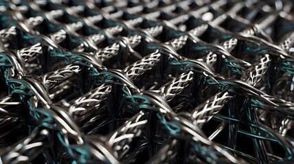 Close up photograph of metal chain links connected together highlighting texture, strength and industrial mechanical design details