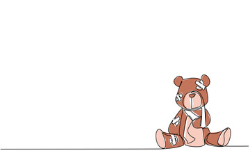 One line drawing of a brown teddy bear with multiple bandages, symbolizing wounded childhood and innocence, as a psychology concept for International Day of Innocent Children Victims of Aggression.