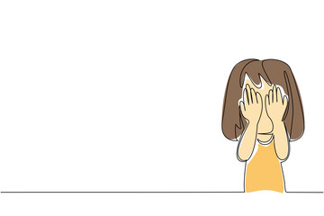 Continuous line drawing of a young girl in a yellow dress covering her face, showing pain, sadness, and trauma, as a psychology concept for International Day of Innocent Children Victims of Aggression