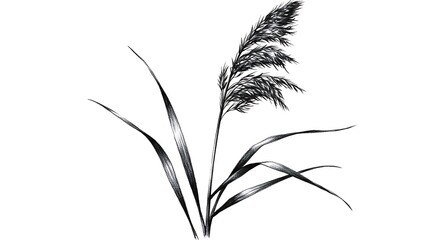 モノクロ線画　繊細な植物イラスト　ススキのような穂と葉