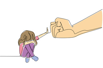 Continuous line draw of a young girl raising her hand to block a fist. Resistance to child abuse and violence, as a psychology concept for International Day of Innocent Children Victim of Aggression