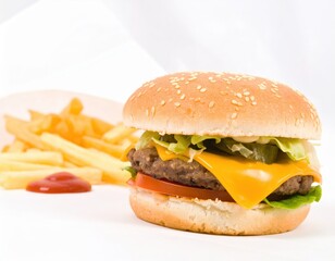 Classic American Cheeseburger and Fries Meal Isolated on a Bright White Background.
