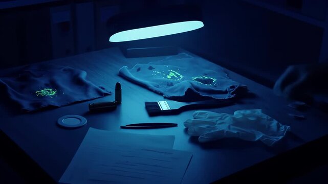 Forensic investigation examining crime scene evidence under a bright UV light, revealing glowing traces and a bullet in a dark laboratory setting.