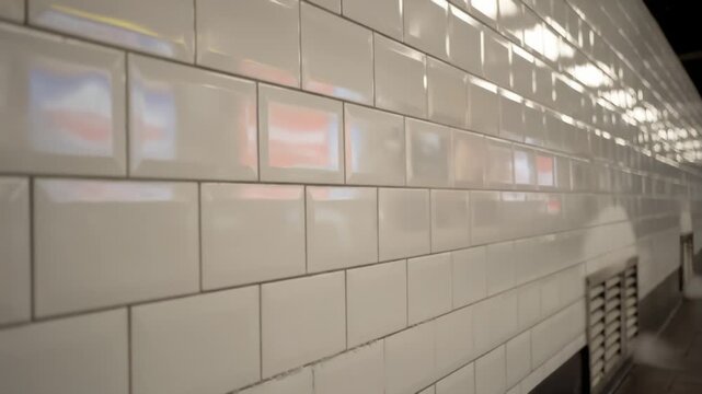 Glossy white subway tile wall with passing lights and condensation