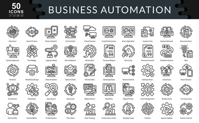 Business Automation icon set outline style collection. Containing data sync ,partnership, control, automation, idea, rotation, cloud sync, AI assistant, marketing, workflow