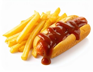 Classic Hot Dog and Fries Combo with Generous Dripping Ketchup Isolated on a Clean White Background.