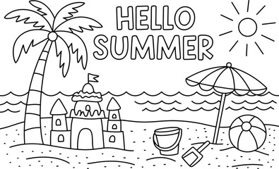 Hello summer beach scene coloring page with sandcastle palm tree and beach ball